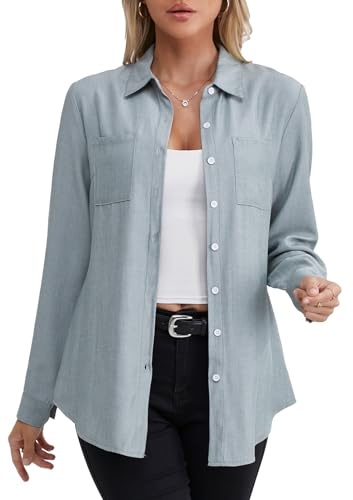 Fuinloth Dam långärmad skjorta knapp ner blus jeans bomull V-ringad T-shirt eleganta toppar Grön 38-40