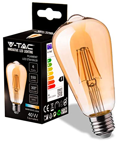 V-TAC Lampadina LED Filamento Ambrata ST64 con Attacco E27-6W (Equivalenti a 40W) - 550 Lumen - Lampadine Vintage - Massima Efficienza e Risparmio Energetico - 2200K Bianca Calda