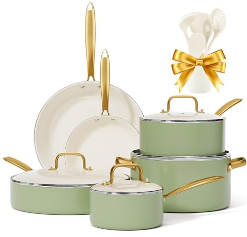 Pots and Pans Set Non Stick - VONIKI Ceramic Cookware Set with Cooking Utensils Set, Non Toxic Kitchen Cookware Sets Dutch Oven Pot with Lid Saucepan Set Sauté Pan Frying Pan Set for Cooking Gifts