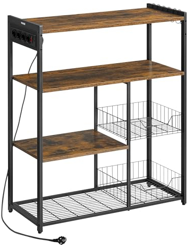 VASAGLE Estantería de Cocina con 2 Cestas de Malla, Estantería para Microondas, Estación de Carga, con Estantes y Ganchos, 35 x 80 x 93,5 cm, Estilo Industrial, Marrón Rústico y Negro Tinta KKS196K01