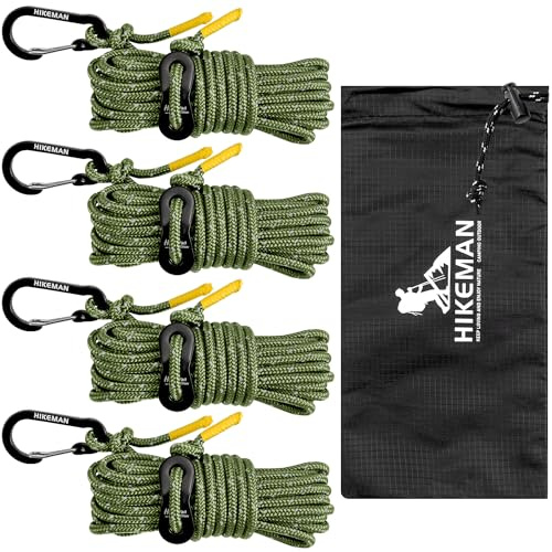 HIKEMAN Reflective Tent Rope Guyline - 4M Camping Guide Ropes,4mm Tent Guy Ropes Cord with Aluminum Tensioners Adjuster for Outdoor Camping Hiking Caravan Awning Tents (Army Green, 4mm)