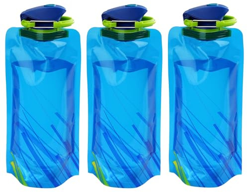 Catelves 3 Faltbare Trinkflaschen 700 ml für Festival und Reisen, Blau | Aus flexiblem PE, leer flach zusammenfaltbar, mit Schraubverschluss und Trageschlaufe für platzsparenden Transport