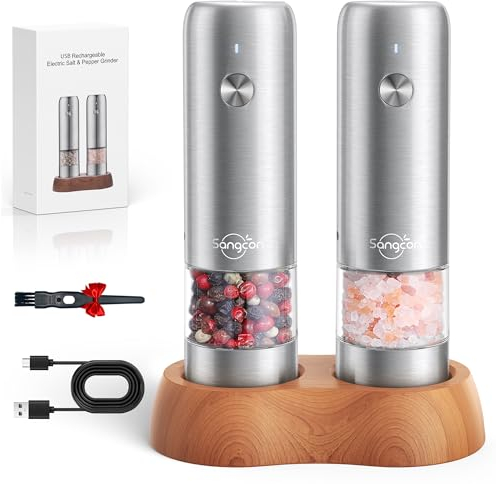 Sangcon Mini Molinillo Eléctrico de Sal y Pimienta con Base de Madera, Recargable USB, Pequeño Molinillo Pimienta Automático, para Viajes/Barbacoa/Niños, Control con un Botón (Acero Inoxidable)