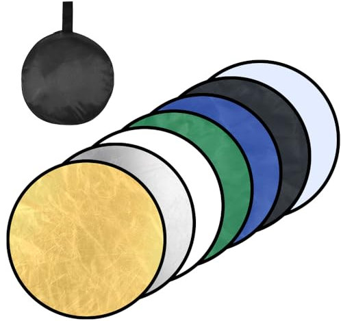 HEKOBAG 7 In 1 Light Diffuser, 24 60Cm Photo Reflectors Collapsible Portable Round Photography Diffuser with Carrying Bag -Translucent,Gold,Silver,White,Black,Blue,Green for Studio Outdoor Lighting