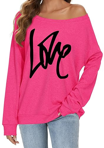 florynova Womens Off The Shoulder Sweatshirts Long Sleeve Tops Pullover Sweater Casual Loose Blouse Fall Fashion (A Hot Pink, 2XL)