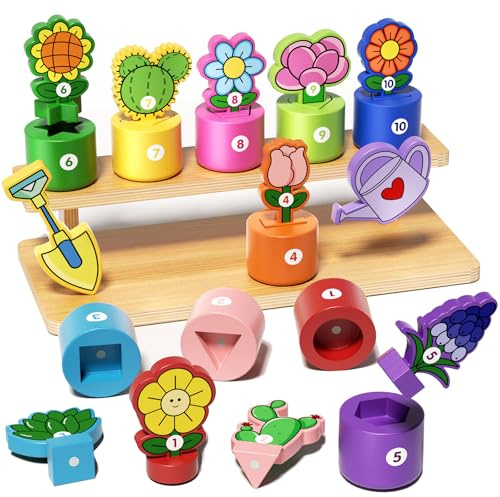 GJZZ Wooden Pretend Play Flower Garden Set with Stand - Montessori Shape and Color Sorting Toys for 2 3 Year Old Girls Boys Birthday Gifts, Number Cognition for Toddler Kids, Fine Motor Skills