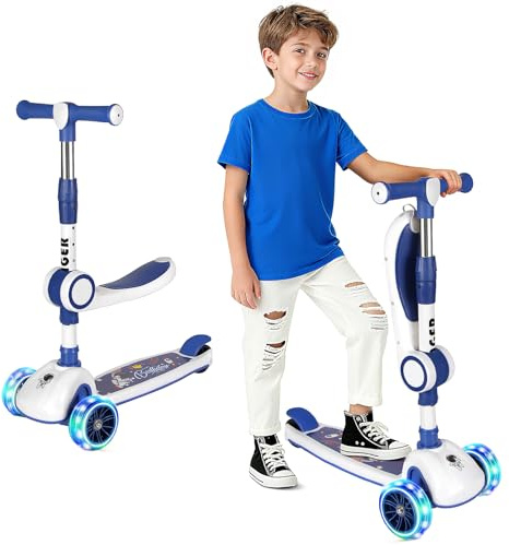 Patinete para Niños-Patinete de 3 Ruedas Niños Asiento Extraíble, Plegable Patinete Niños con 4 Altura Ajustable, Scooter Niño con Rueda Luminosa Scooter Infantil Niño para Niñas 3-8 Años (Azul)
