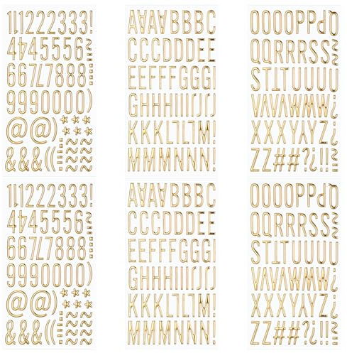 Larrel 6 Stück Golde Buchstaben und Zahlen Aufkleber, 3D Alphabet Buchstabens Aufkleber Glitzer Zahlen Symbolen Aufklebers Wasserdichte Selbstklebende PVC Buchstaben für Scrapbook Bastelarbeiten