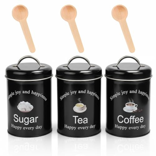 3PCS Tea Coffee and Sugar Canisters Set, 1000ml Airtight Metal Storage Jars | Tea Coffee Sugar Jars with Lids, for Teas, Coffees, Sugar, Flour, Food Storage