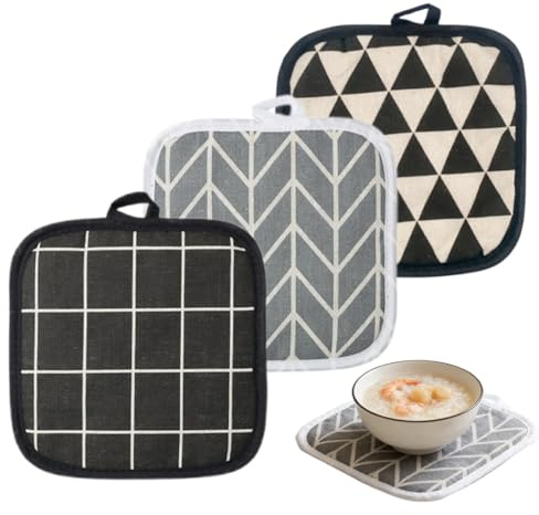 WUFKOP Set di 3 Presine da Cucina in Cotone e Lino Triangolari, Guanti e Sottopentole Resistente al Calore per Cucinare, Infornare e Servire