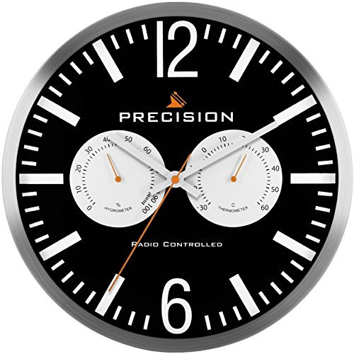 Precision Wall Clock with Temperature Control, Black/White/Silver
