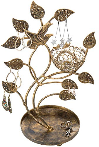 MyGift 14-Inch Bronze-Tone Tree & Bird Nest Earring Stand Jewelry Tower with Ring Trinket Organizing Tray
