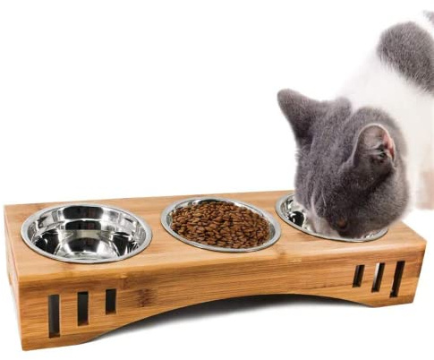 Petsoigné Katzennäpfe Hundenapf Katzenschüssel Set Keramik mit Bambus Unterstützung Für Katzen und Welpen (3 Näpfe, Edelstahl)