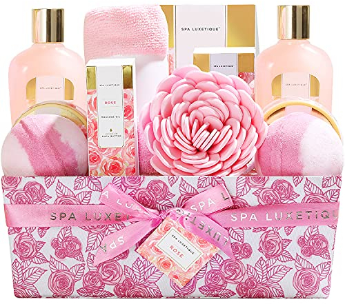 Cesto regalo da donna del marchio SPA LUXETIQUE, 12 pezzi. Set regalo di prodotti da bagno, al profumo di rosa, regalo per donne, regalo di compleanno, set benessere per donne, confezione regalo,