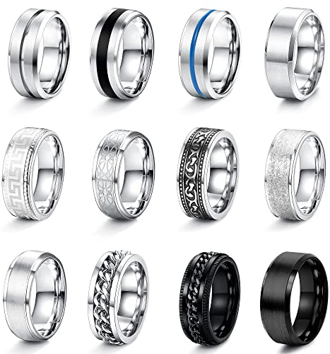 KALVICA 12 Pcs 8 mm Mens Rings Stainless Steel Matte Finish Polished Band Rings Celtic Vintage Ring Chain Rings Bottle Opener Ring Wedding Band Engagement Promise Ring Set for Men N1/2-Z1/2