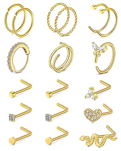 Rajnard 316L Chirurgenstahl Nose Ring Studs 20G 8mm 7mm Silber Gold L-Form Nase Schraube Nase Hoop Ringe für Frauen Mädchen Edelstahl Nostril Piercing Schmuck