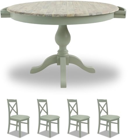 Florence Round Pedestal Dining Table and Chairs Set 4 | 120cm Sage Green Round Kitchen Table with Hidden Drawers and 4 Upholstered Cross Back Chairs | Kitchen Dining Room Furniture