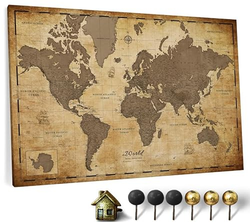 Hochwertige Canvas Weltkarte mit Kork-Pinnwand - Deutsche Beschriftung - Dekorative Wanddeko für alle Zimmer - Leinwandbilder mit Weltkarte Motiv (90x60 cm, Muster 1)