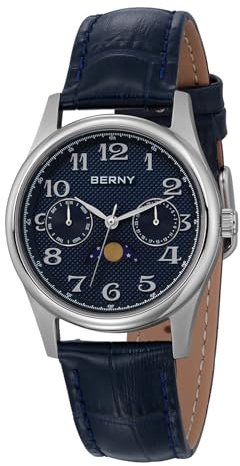 BERNY Reloj de Cuarzo para Mujeres con Fase Lunar Reloj de Pulsera para Dama con Esfera de Fácil Lectura Números Arábigos Analógico y Correa de Piel Genuina