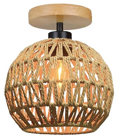 YIKEGE LICHT Deckenlampe Holz Boho Rattan Lampe Decke Deckenleuchte Flurlampe Schlafzimmerlampe Hängend Klein Kugel Lampenschirm Vintage Hängelampe Badlampe Wandlampe für Bad Küche Schlafzimmer Flur
