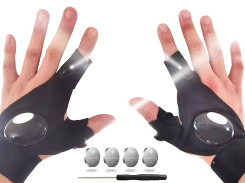 TUKYWAN 1 paire de gants avec lampe torche LED, cadeaux pour homme, papa, lui, mari, accessoire mains libres pour la pêche, le camping, la réparation, noir