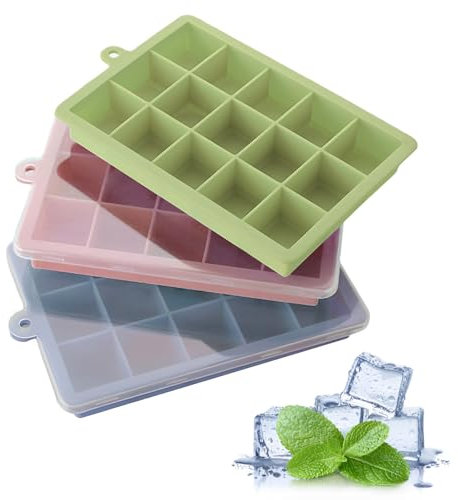MEETOZ Silicone Ice Cube Tray with Lid, 3 Packs 45 Cubes, Silicone Ice Cube Mold Large Reusable Moulds for Whiskey, Cocktail, Drinks&Baby Food, Freezer, Souper