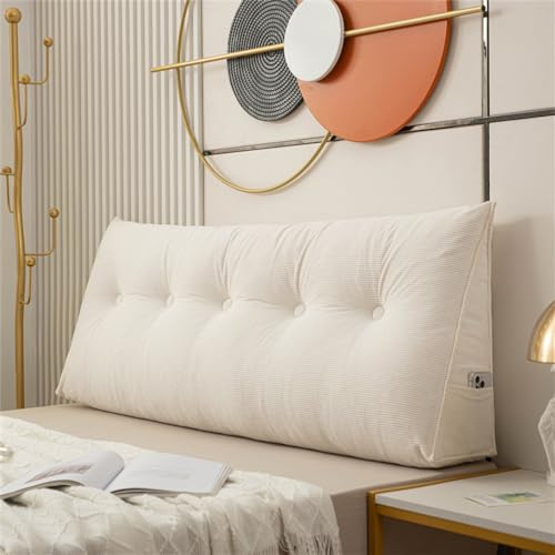 Treer Rückenkissen Lesekissen Keilkissen für Bett Sofa, Cordstoff Großes Abnehmbarem Lendenkissen Rückenlehne Dreieckigen Bezug Kopfteilkissen Bettkissen mit Seitenfach (Beige,100x50x20cm)