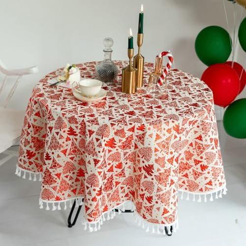 Tolldek 140CM Tischdecken Rot, Rund Tischtuch Weihnachtsbaum Baumwolle, Geburtstag Tischdeko Junge Wasserabweisend Geeignet für Home Küche