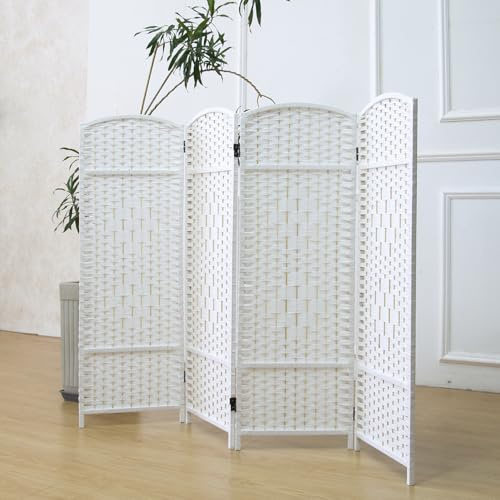 Furnnylane 4 Panel Rattan Divider Short Room Partition Screen,Double Sided Folding Divider for Room Separation,White,47.2 H x 63 W