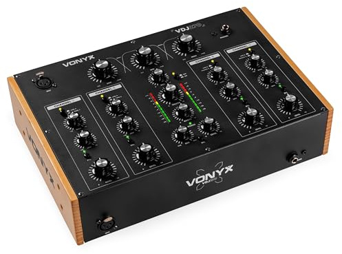 Vonyx VDJ270 DJ Mischpult 4 Kanal – Analog Rotary Audio Mixer mit 2-Band EQ & XLR – Retro DJ Mischer Schwarz Holzoptik – Sound Mixer für Vinyl & Club – Inkl. Booth Output & Mic Input