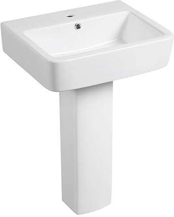 570mm Floor Standing Bathroom Sink Wash Basin Bowl Full Pedestal Cloakroom Basin Single Tap Hole Overflow Vessel Sink White Ceramic Curved Modern Square Bathroom Basins