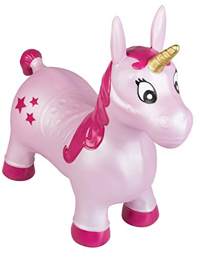 Idena 40133 - Hüpfpferd Einhorn pink mit Sternen, inklusive Luftpumpe, belastbar bis 50 kg, perfekt für drinnen und draußen, im Park oder Kindergarten, ca. 59 x 23 x 53 cm