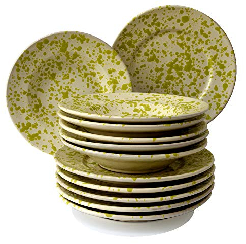 Colì,Set de Vaisselle, 12 Pièces, Set de Vaisselle 6 Personnes, Set de Vaisselle Colorés, Peint à la Main Vert, Service de Table pour 6 Personnes, Set de Plats, Service de Vaisselle