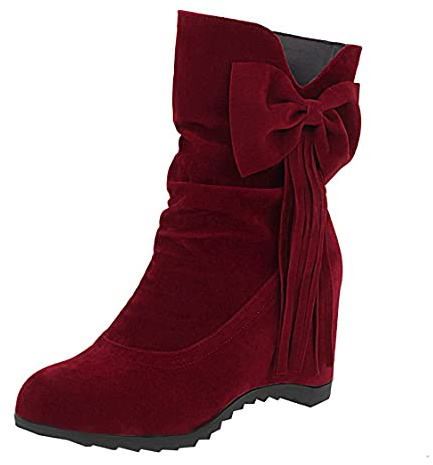 BEAUPAS Women's Wedge Ankle Boots High Heels Slouch Booties Bow Cute Shoes(Wine red,8)