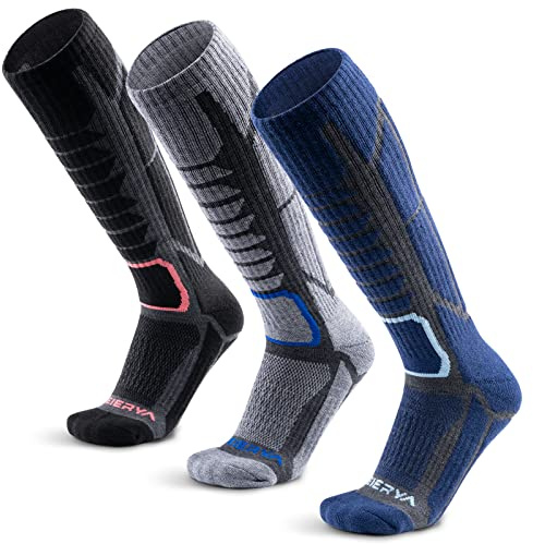 WEIERYA Calcetines Esqui Hombre en Lana Merino - Calcetines Termicos para Hombre y Mujer, Antideslizantes,Snowboard/Deportes Invernales,3 Pares,Negro Gris Azul Retro,37-40