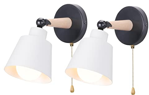iDEGU 2 Pezzi Applique da Parete Interno Retrò Lampade da Parete Vintage in Metallo e Legno Moderne Lampada a Muro Orientabile con Interruttore E27 Luce da Camera da Letto Soggiorno (Bianco Opaco)