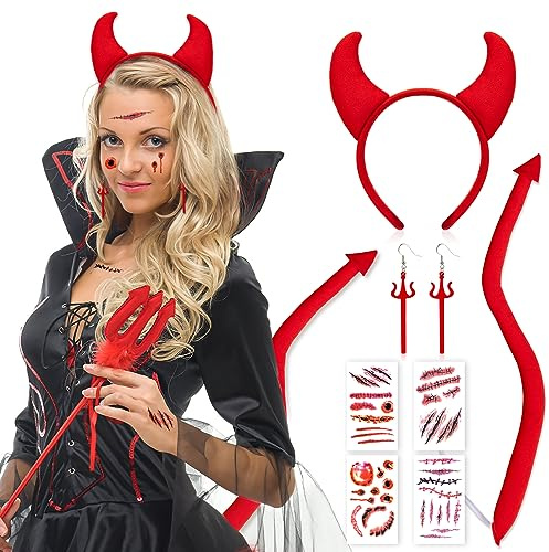 DPKOW Teufel Kostüm Damen Kinder Halloween Teufelshörner Haarreif Dreizack Teufel Ohrringe Teufelsschwanz Narben Tattoos Set für Halloween Kostüm Damen Teufel Accessoire Karneval Fasching Party