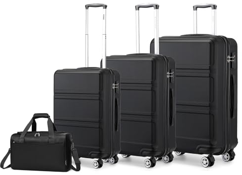KONO Kofferset 4 Teilig Hartschalekoffer mit TSA Schloss Gepäcksets Handkoffer Mittelgroß Groß Trolleys mit 40x20x25cm Ryanair Reisetasche (55cm/65cm/74cm Koffer Trolley Set und Tasche), Schwarz
