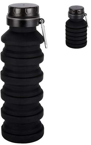 BELLE VOUS Black Collapsible Silicone Water Bottle - 500ml/17oz Foldable BPA-Free & Leakproof Bottle - Reusable Portable Cup Suitable for Camping, Hiking, Gym, Sports, Travel & Outdoor Activities