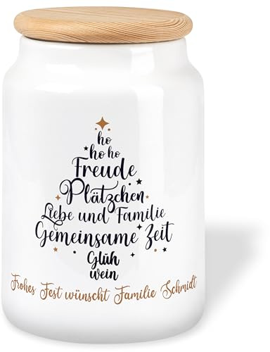 Keramikdose „Wichtigste Zutat ist Liebe & Herz“ - Holzdeckel veredelt mit Gravur - 650ml - Geschenk für Freunde & Familie - Keksdose Aufbewahrungsdose Vorratsdose aromasicher & luftdicht