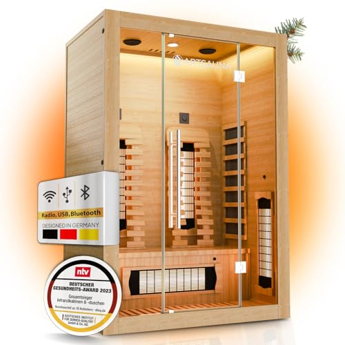 Artsauna Infrarotkabine Kiruna130 Premium mit Vollspektrum- & Flächenstrahler, 2 Person, 130x105x190 cm, LED Farblicht & Glastür, Infrarotsauna Sauna - Rückenstrahler dimmbar