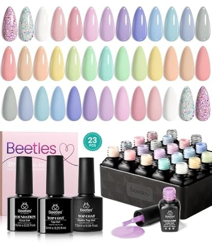Beetles UV Gel Nagellack Pastell Set - 23 Stück 20 Farben mit 3 Überlacken & Unterlacken Glänzenden und Matten für Frühlings Sommernägel Mädchenhafte Farben Funkelnde Glitzer Gellack Nägel Art
