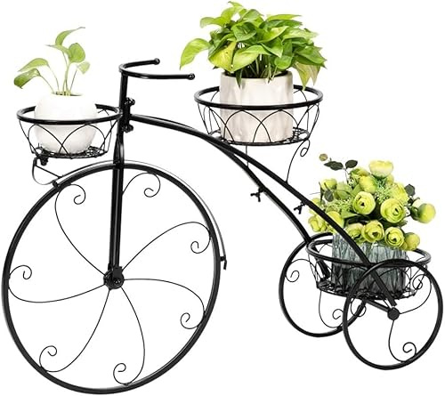 Soporte para macetas de bicicleta, soporte para plantas de tres ruedas, estante esquinero para plantas, soporte de metal para carrito de flores con 3 cubos para plantas decorativos al aire libre para