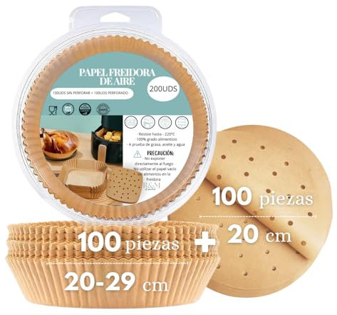 R&M essentials- Papel para Freidora de Aire, Redondo 20cm, 200Uds(100 cuenco+100 planos) Papel Air Fryer, Resistente 220º,Grosor 40gsm