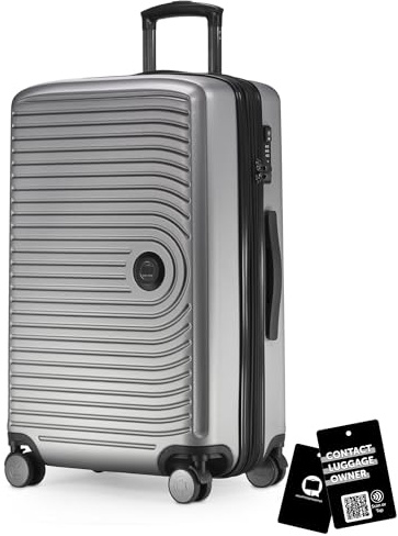 Hauptstadtkoffer Mitte - Mellanstor resväska hårdskal 68 cm expanderbar, resväska för incheckat bagage, TSA-lås, 4 dubbelhjul, rullväska, 88 L + Digital bagagetagg, Matt silver