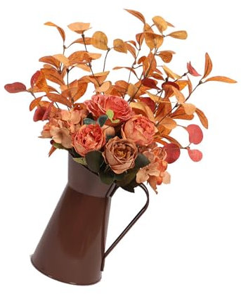 Fahoujs Pianta artificiale di rosa in vaso di metallo per il Ringraziamento Matrimonio Pianta Foglia Artificiale per Camera da Letto Soggiorno Ufficio Secchio di Ferro