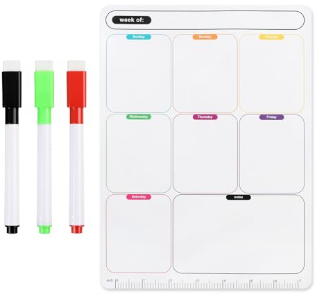A4 Magnetic Weekly Planner for Fridge, Dry Wipe Magnetic Whiteboard Calendar with 3 Pens, Meal Planning Board, Magnetic Shopping List Pad for Fridge, Family Routine and Office Reminder