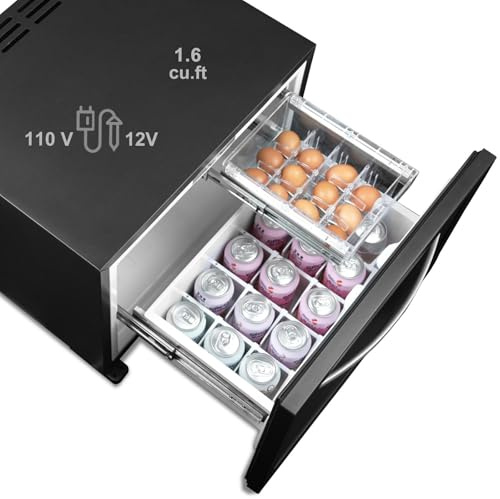 Smad 1.6 cu.ft Under Counter Drawer Beverage Refrigerator,110V/12V Outdoor Fridge, 12 Volt RV Refrigerator, All black Cooler for Travel Camping Road Trips Truck Van SUV home and office