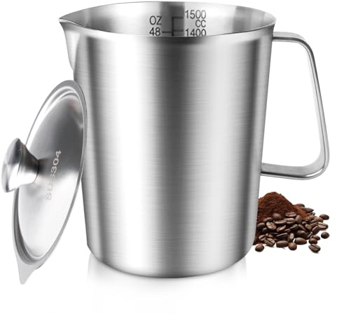 Bricco Latte Acciaio Inox, Brocca Per Schiuma Di Latte, Misurino In Acciaio Inox, Lavabile In Lavastoviglie, Acciaio Inossidabile 304 Con Coperchio Per Latte, Caffè, Latte, 1500ml