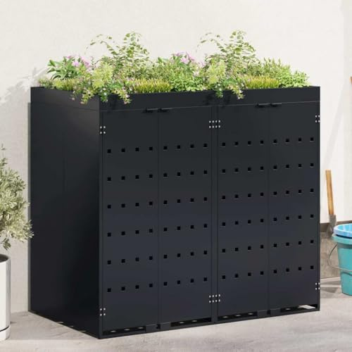 Mokuyary Rangement de Poubelle à roulettes pour 2 poubelles Noir, Abri de Jardin Cache pour poubelles, Conteneur d'extérieur Coffre de Rangement